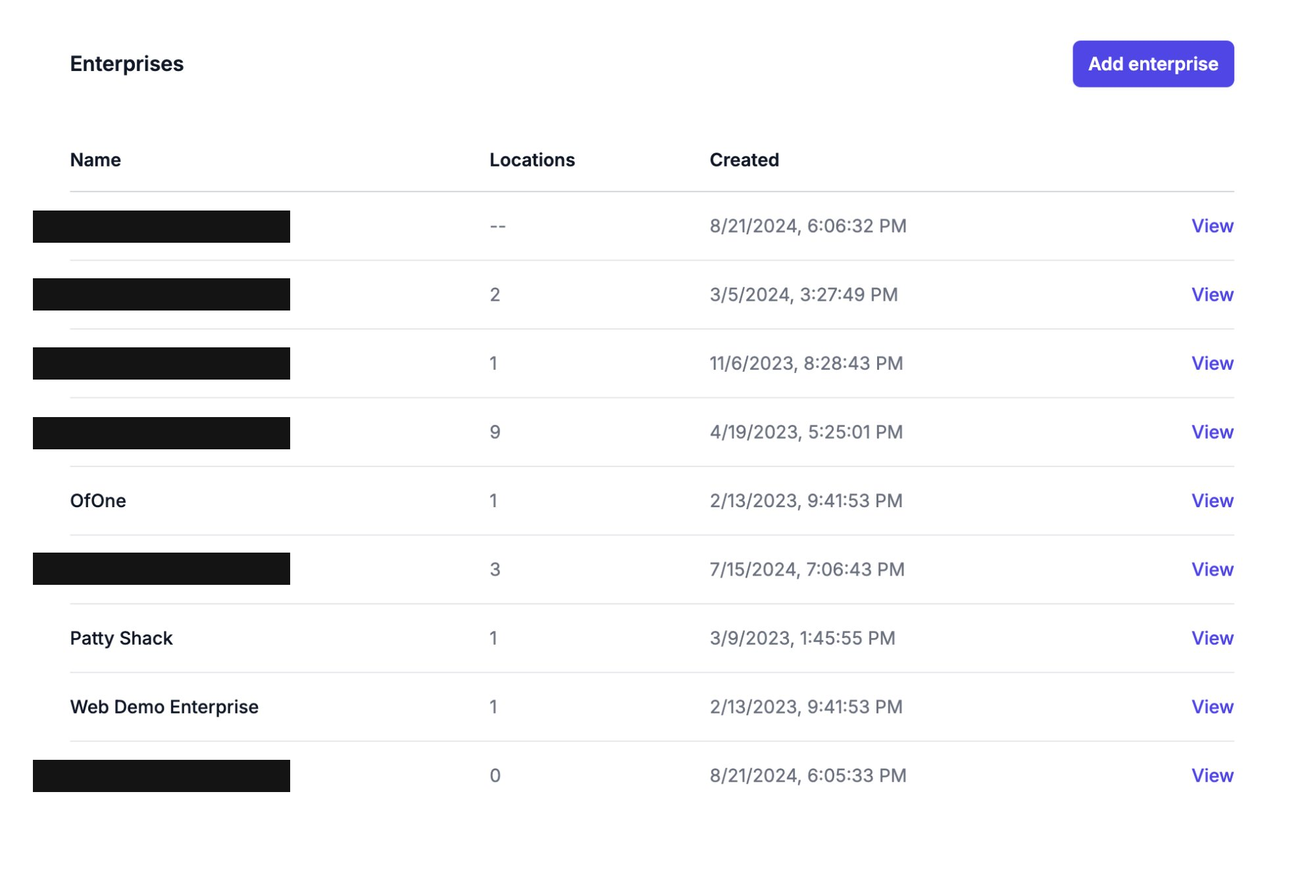 Admin dashboard interface showing enterprise management